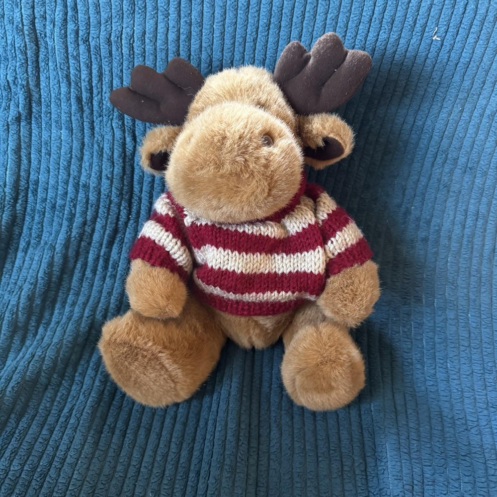 Christmas Moose Plush w/ Striped Sweater 10" Brown Stuffie